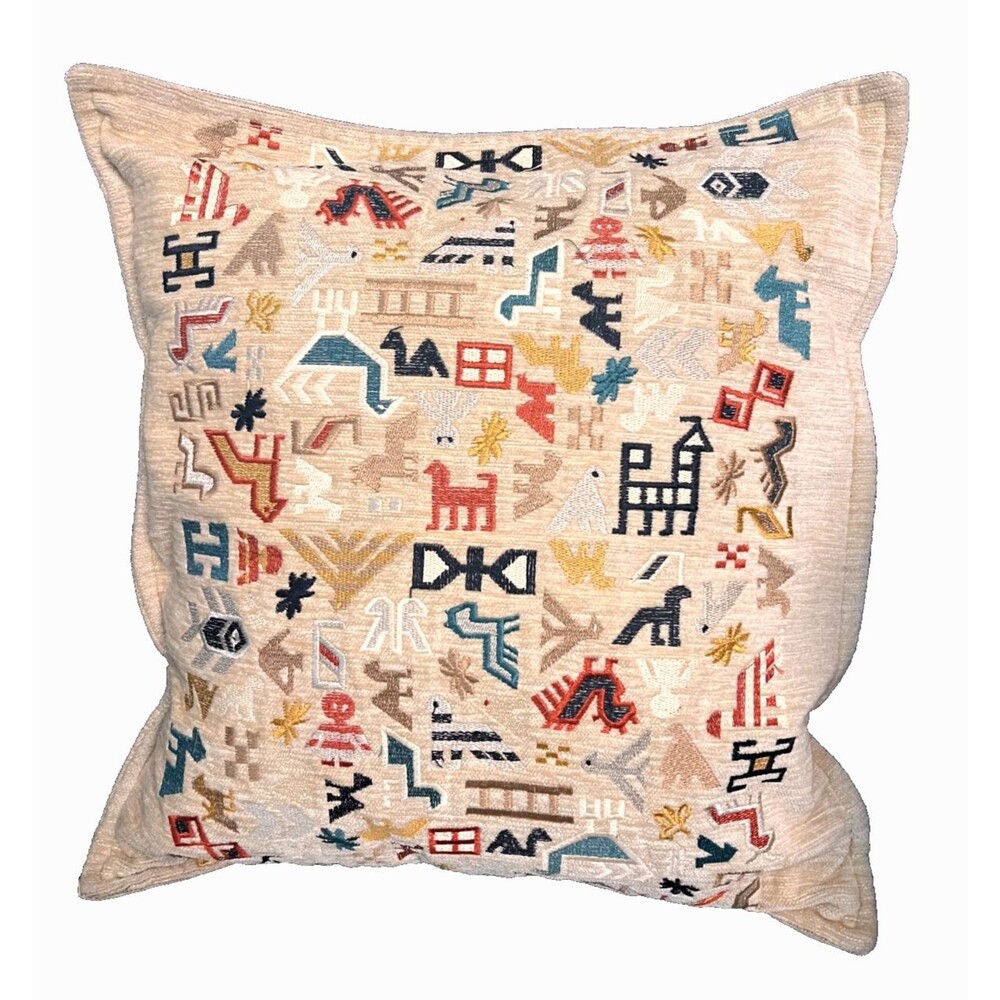 Decorative Throw Pillow w/Down Insert Native Aztec Turkish Kilim Petroglyphs EUC